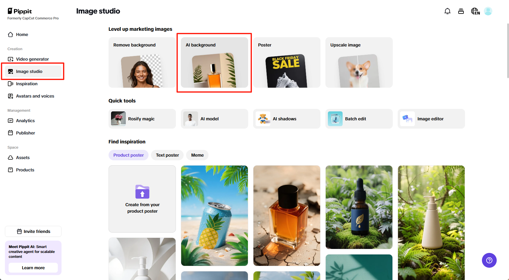 Accessing AI background tool in Pippit