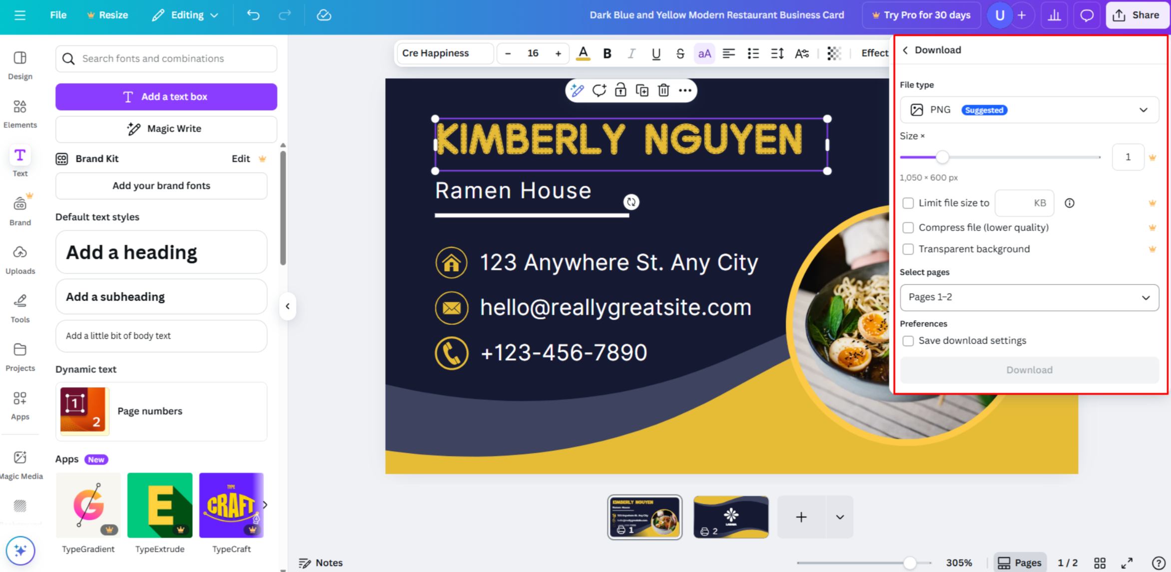 Downloading the business card from Canva 