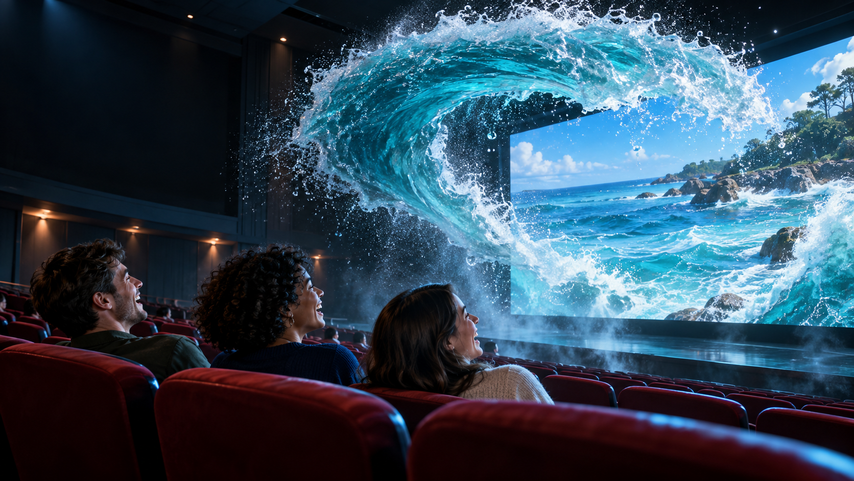 Ocean wave curling out of a cinema screen above delighted adult viewers