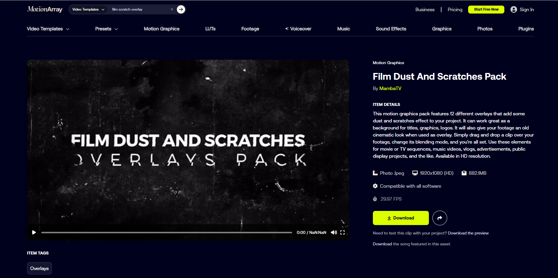 Interface of Motion Array - a diverse site for film scratches overlays