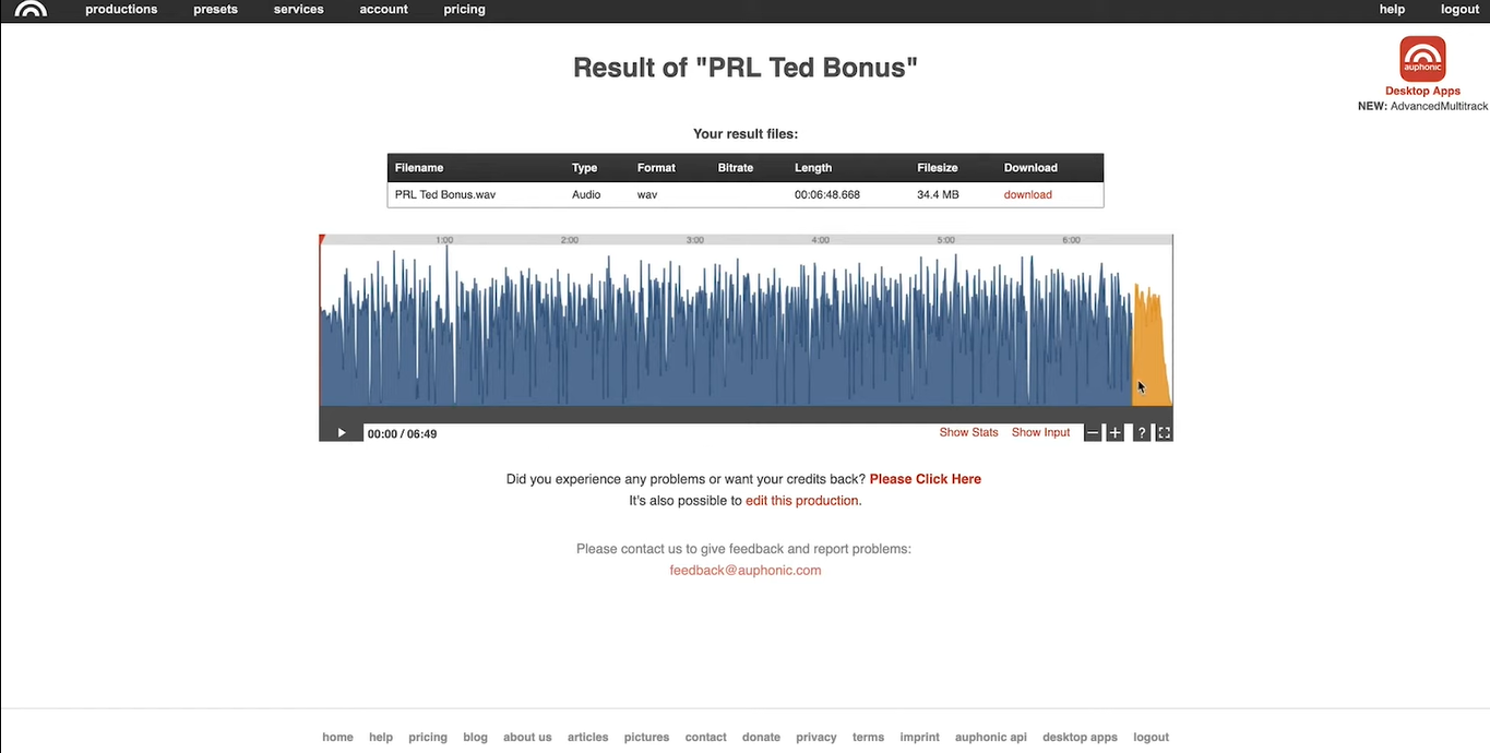 Interface of Auphonic - Podcast voice enhancer AI