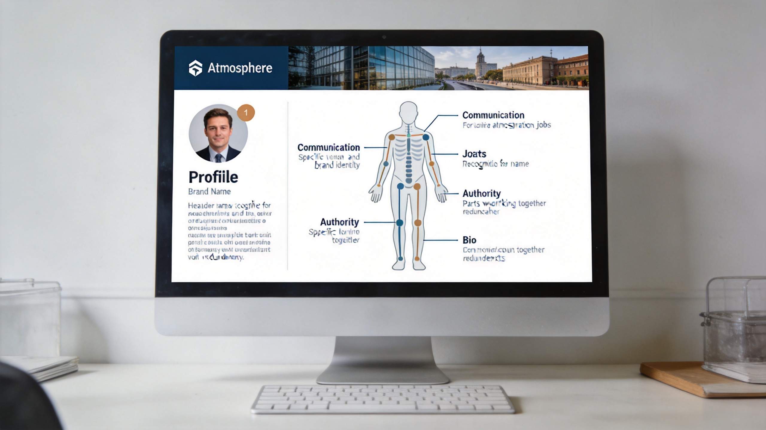 Desktop monitor showing a profile design mockup with a header banner and labeled body diagram