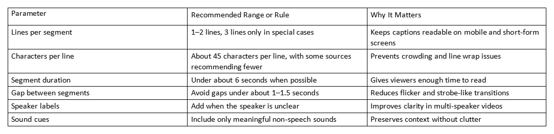 Table of subtitle guidelines for lines, characters per line, duration, gaps, speaker labels, and sound cues