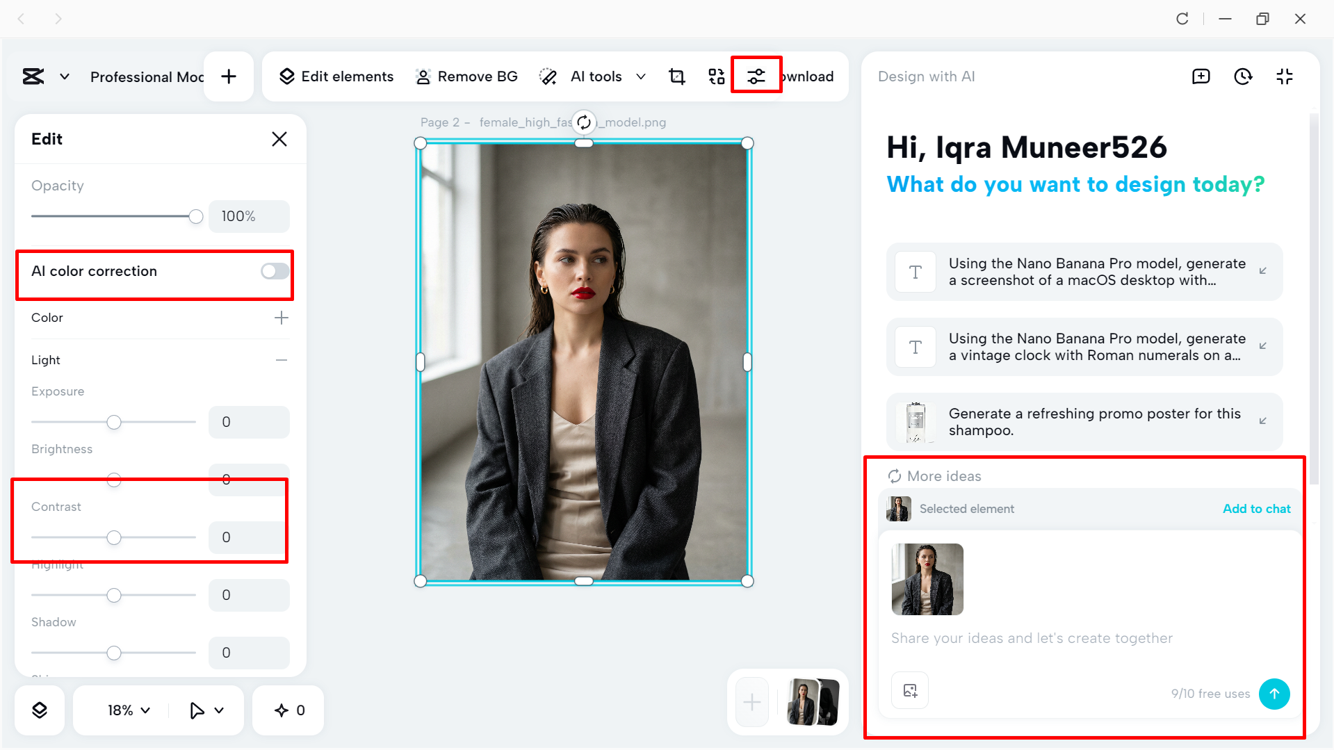 Adjust the image contrast in Capcut AI design