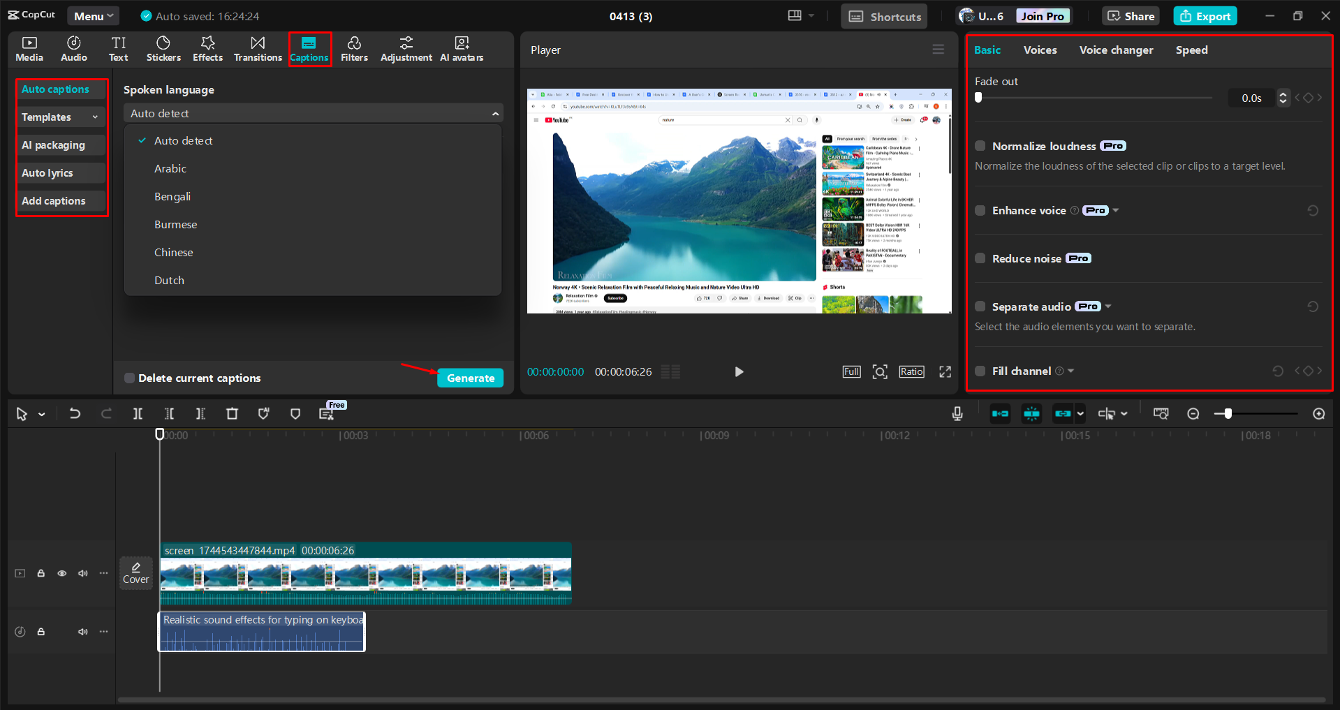 Editing the screen recording in the CapCut desktop video editor