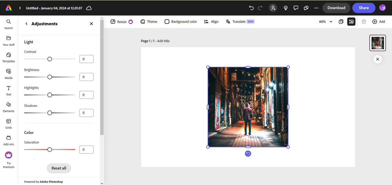 Adobe express editing interface