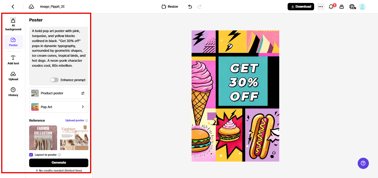 Generating sales posters in Pippit