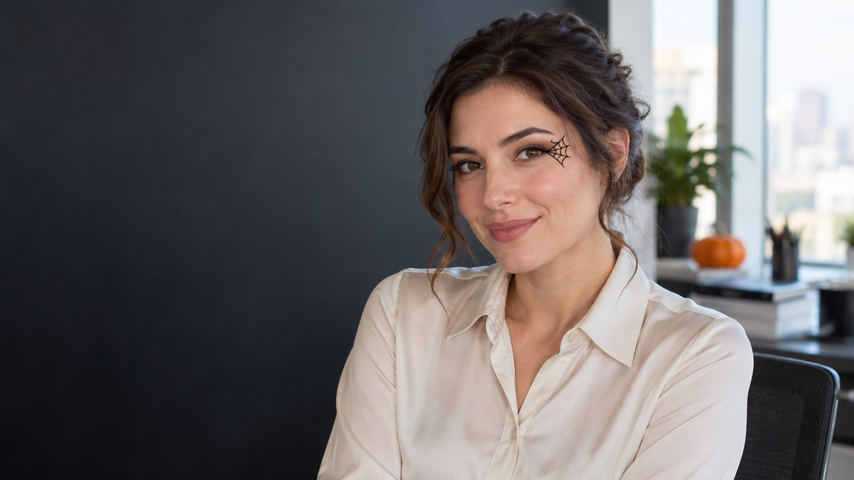 Office-Ready Web Liner: A fictional adult professional with a discreet thin spiderweb eyeliner accent at one outer eye, neutral blouse and bright modern office background.