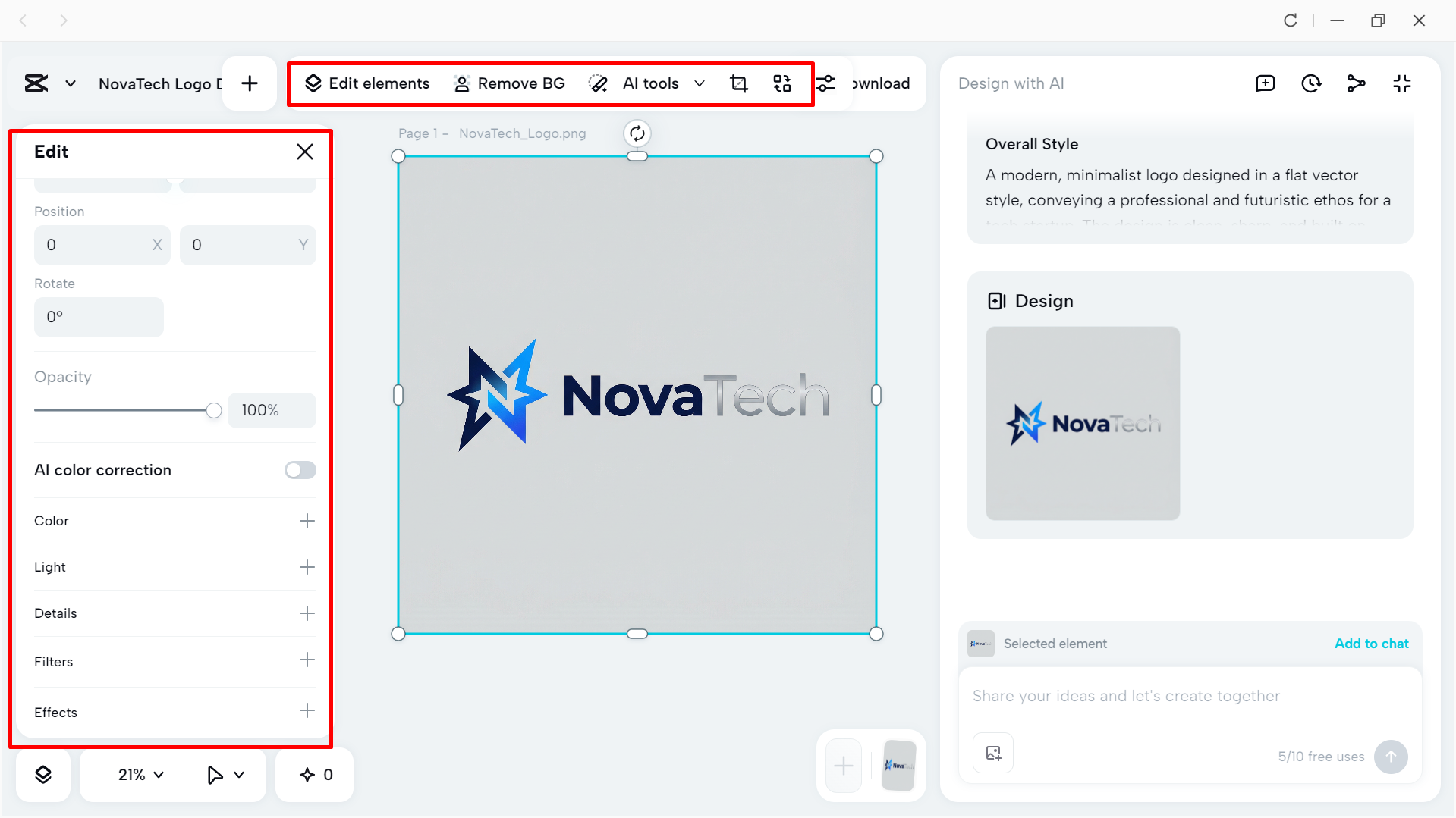 Editing the generated logo using the built-in tools in CapCut