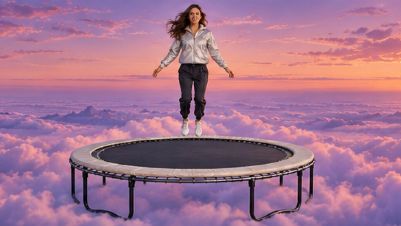 Premium 16: 9 filmisk fantasy-nyckelbild vid violett skymning, helkropps original vuxen kvinna blek silverjacka mörka byxor låg studs över hela grädde-trampolin upphängd över lavendelmoln. Hela mörka nätfjädrar och stödram synlig under fötterna, öppen himmel ovanför huvudet, persikahorisontglöd, avslappnade armar klart ansikte, omöjlig drömlik inställning, ingen text.