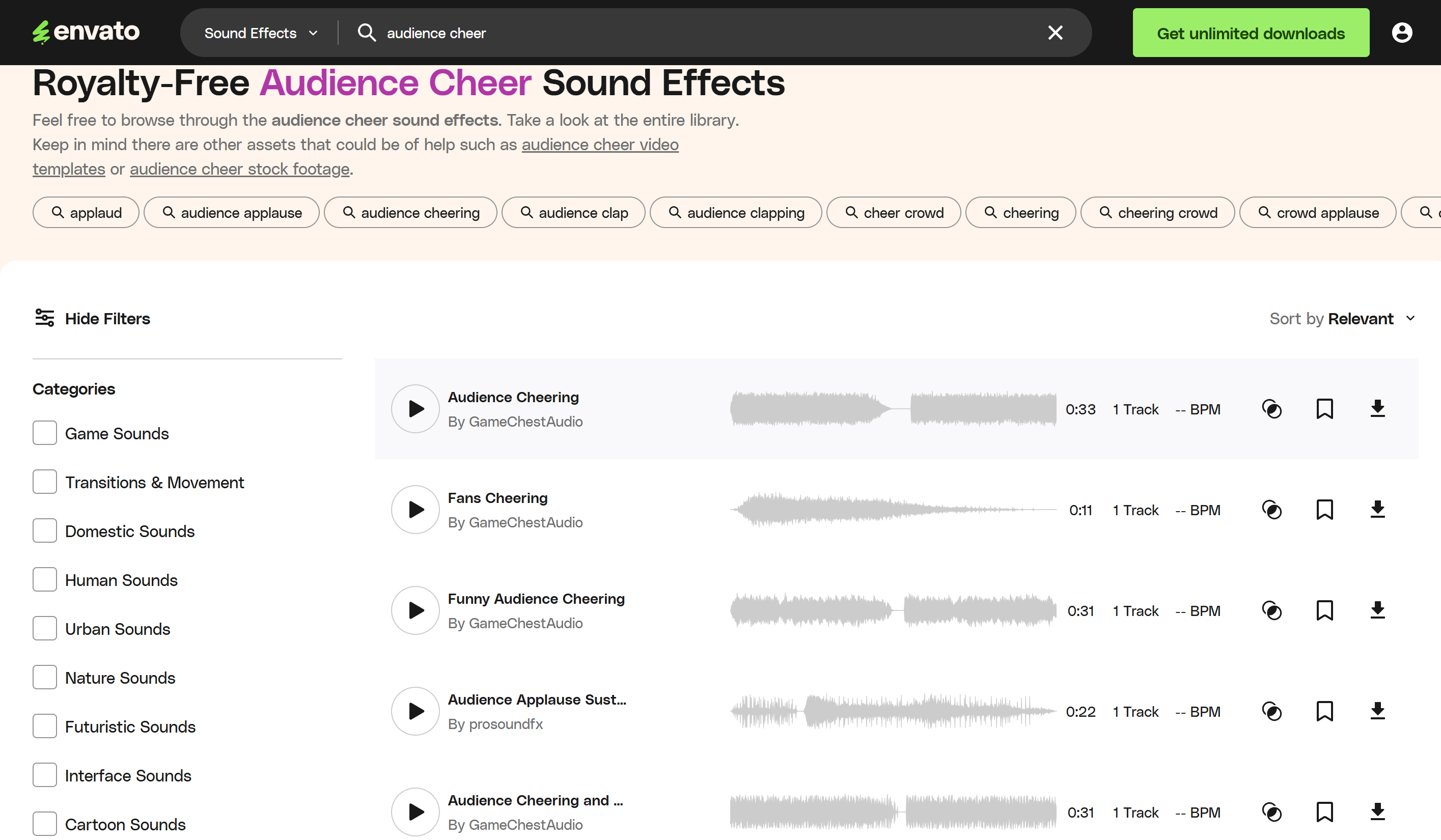 Envato - pasaran kreatif untuk kesan bunyi bersorak gol