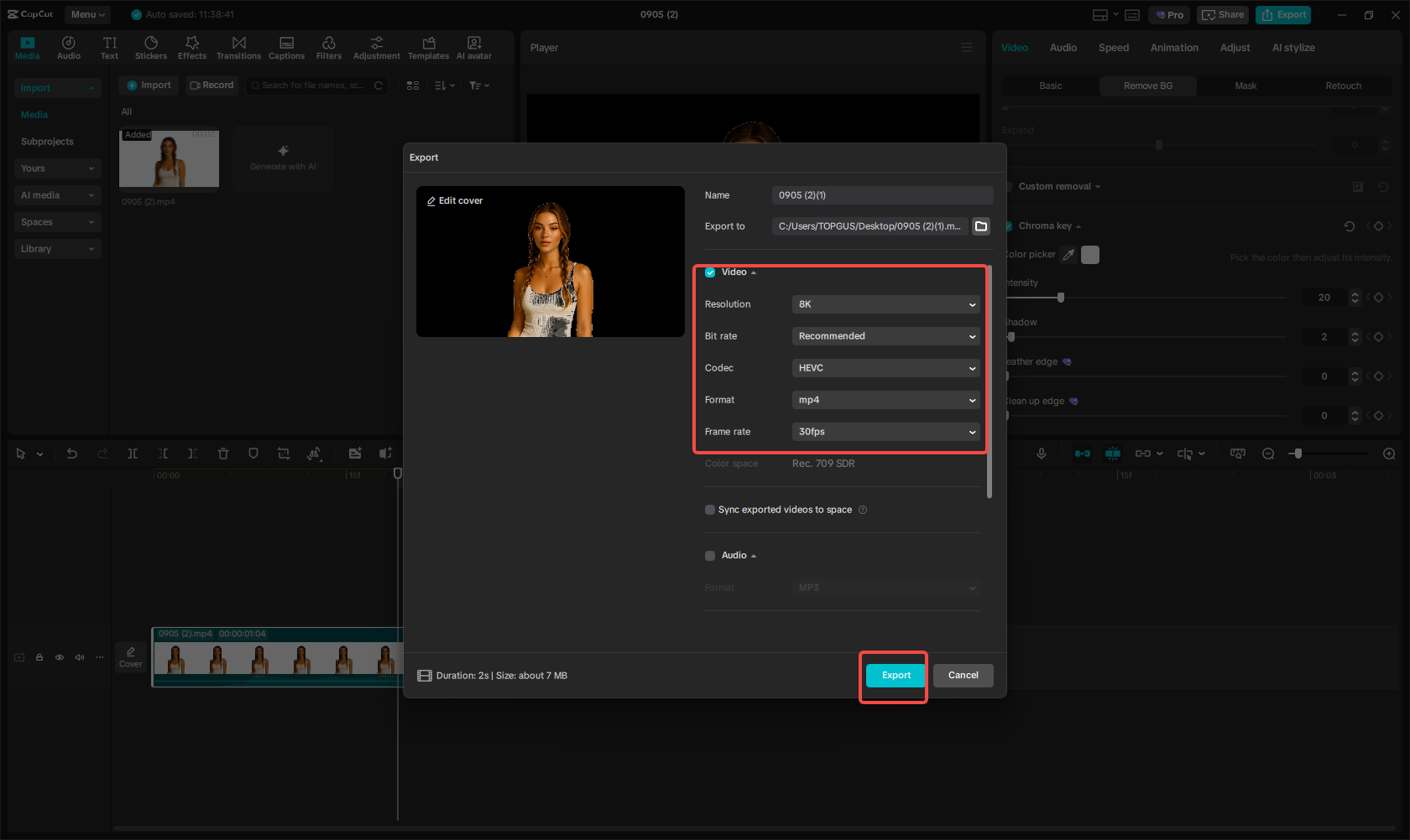 Exporting the background-removed video in CapCut