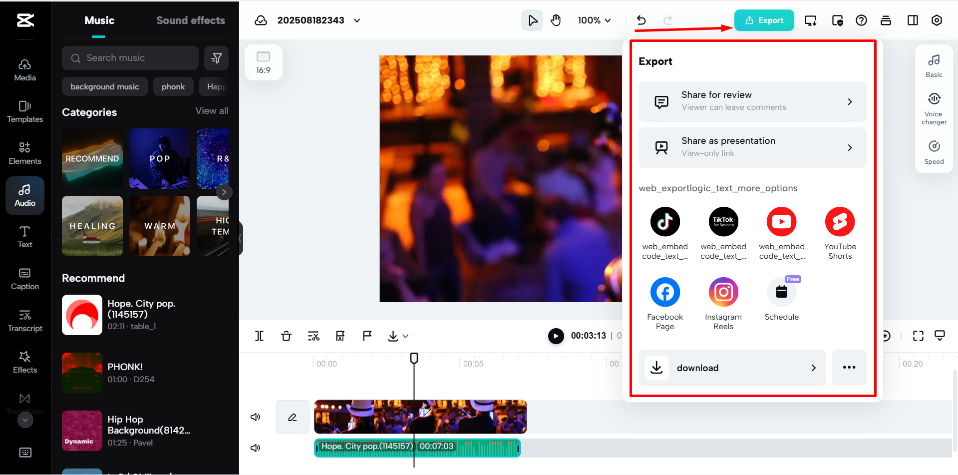 Exportieren der Medien aus CapCut Web