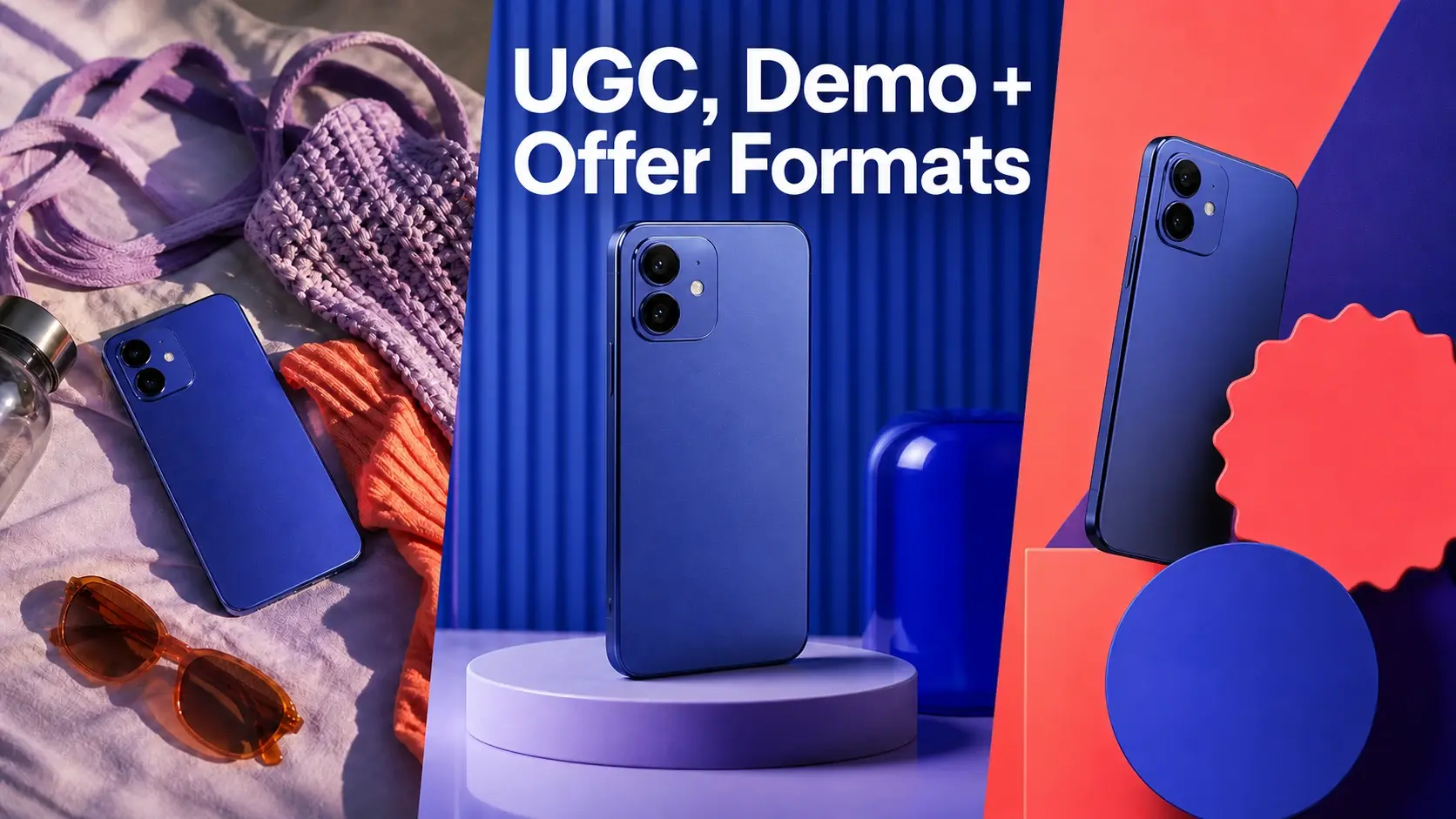 An unbranded product is surrounded by UGC-style, demo, and offer format concepts.