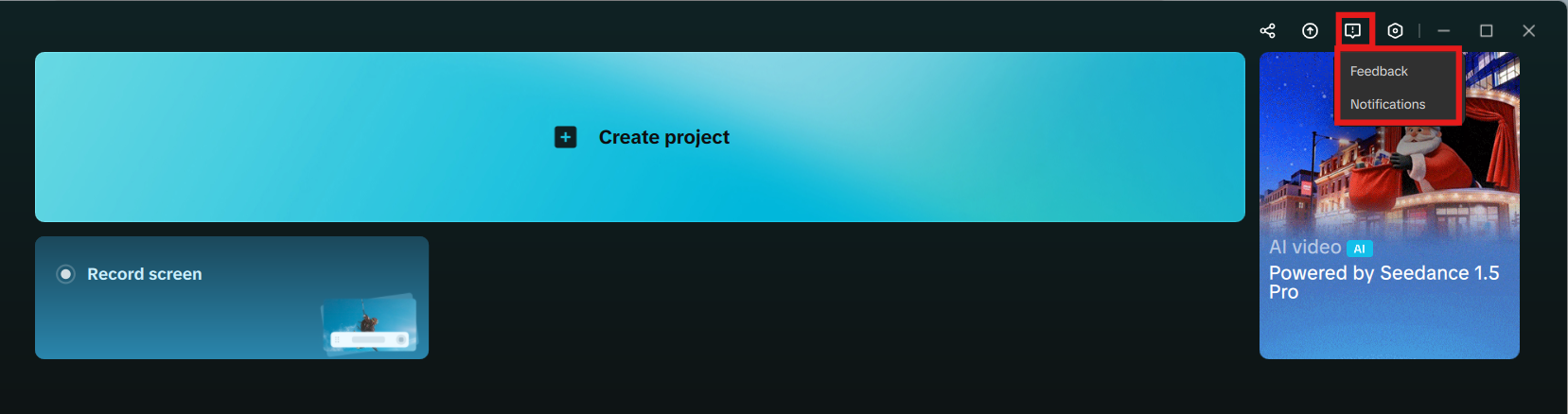 Open CapCut, click the help icon in the top right corner, and select Feedback
