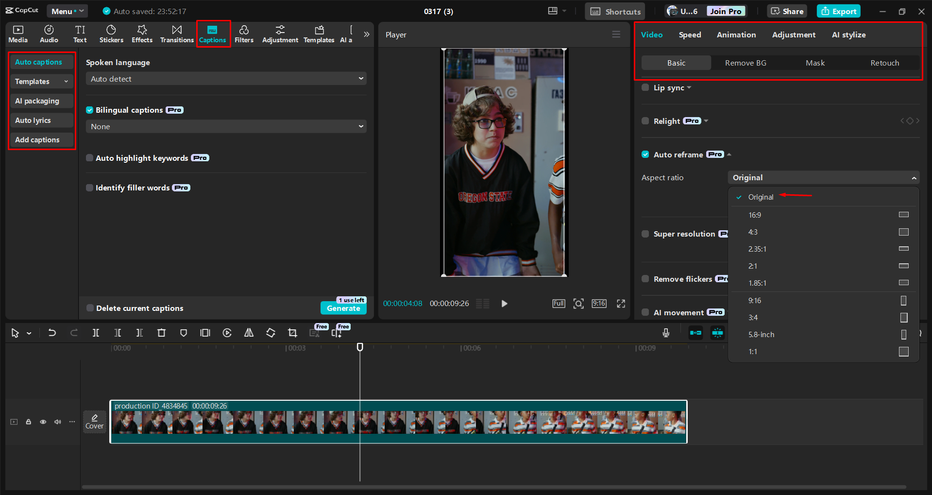 Automatisches Reframing und Bearbeiten eines kurzen Videos im CapCut Desktop-Video-Editor