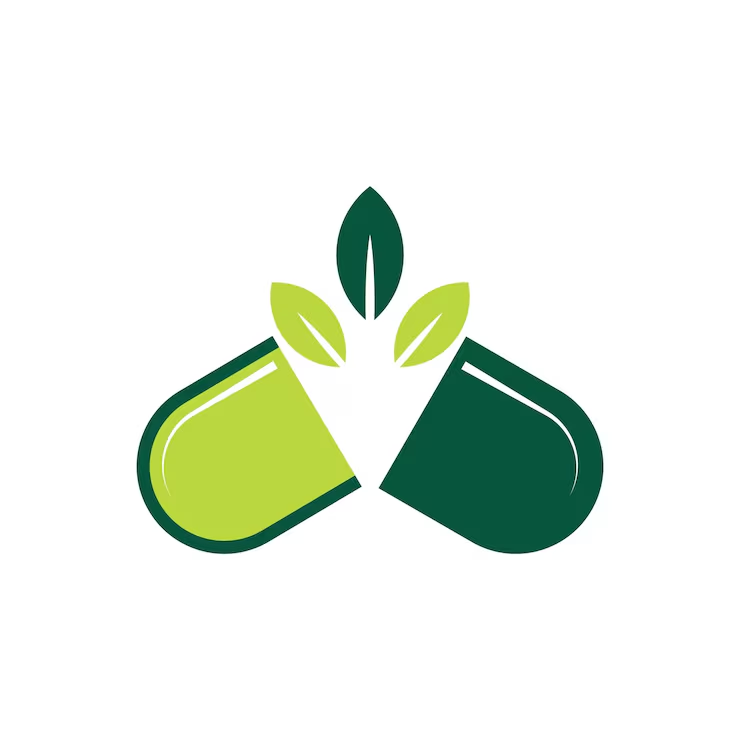 緑の芽とカプセルのヘルスケアロゴ