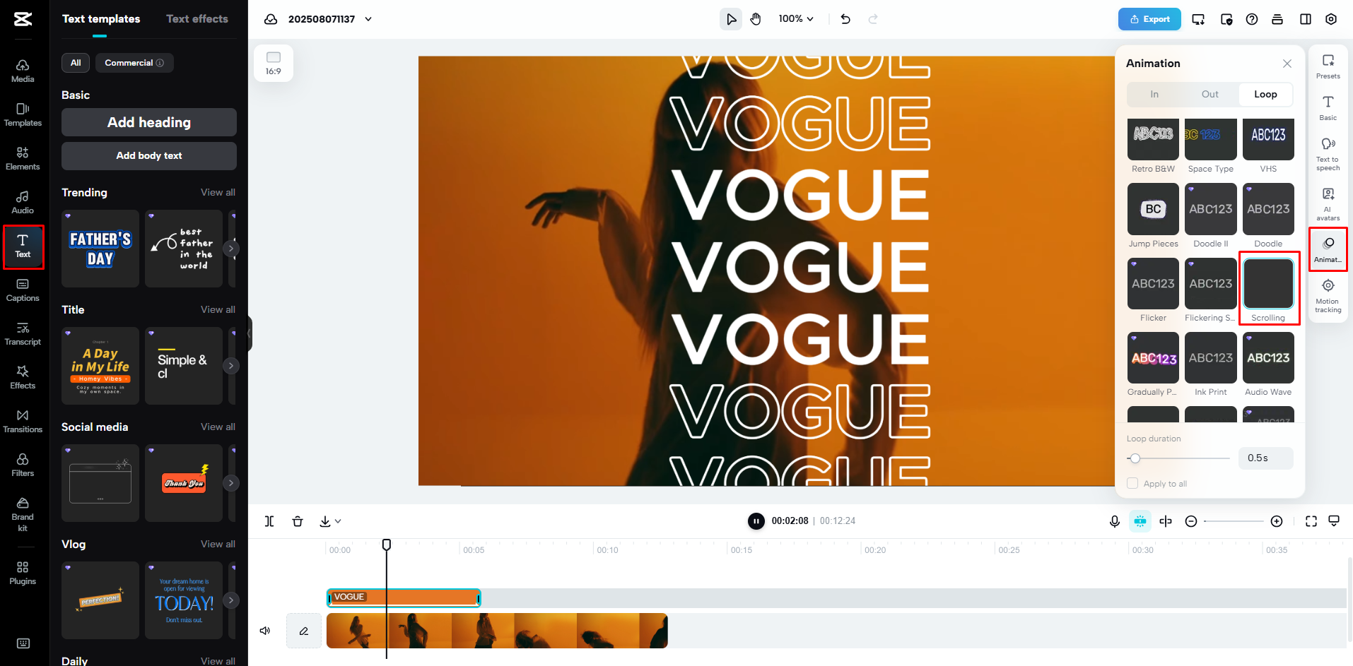 Adding scrolling text animation in a video with CapCut Web
