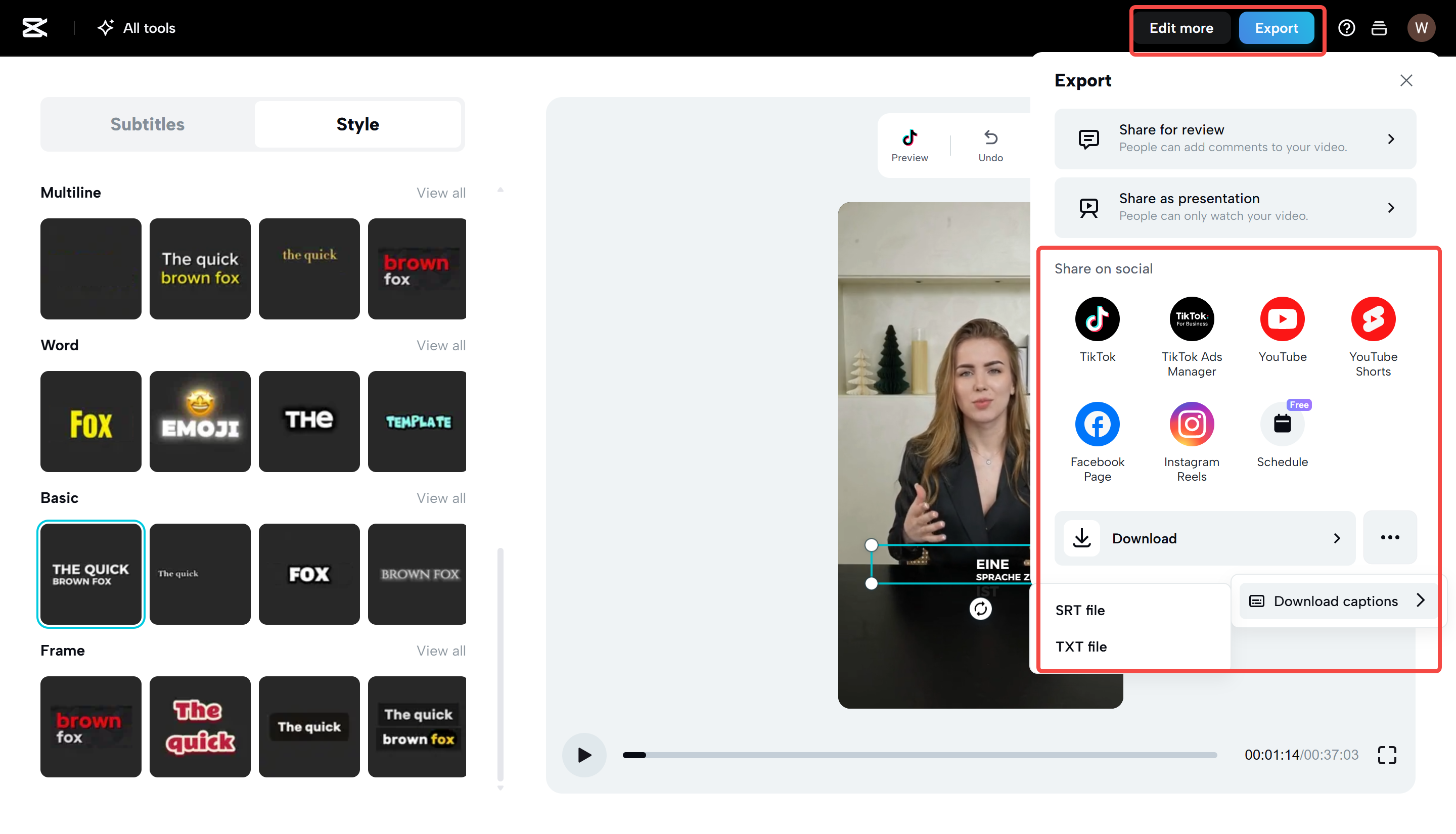 Exporting a video from CapCut Web