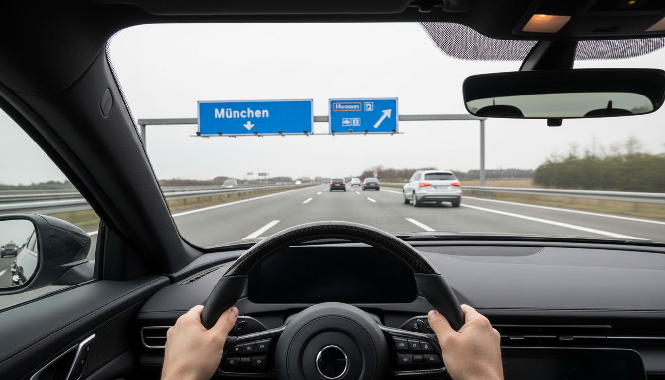 Vista del conductor en una autopista alemana cerca de Múnich, llanta sin emblema, señales azules, luz natural.