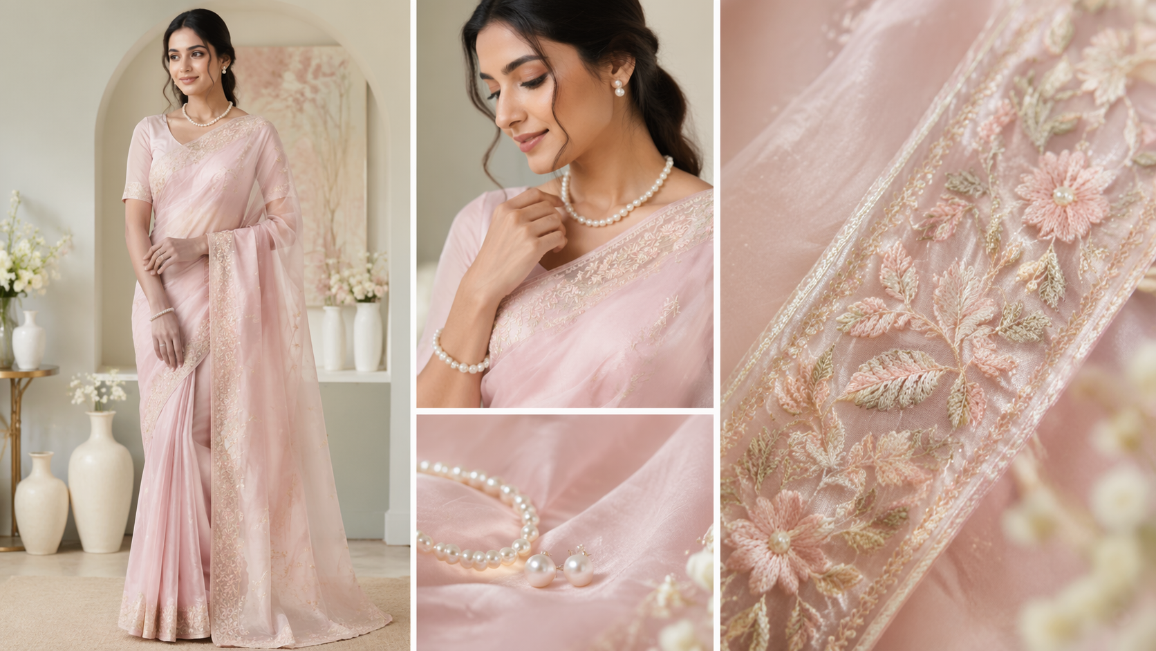Dreamina IA Saree try On prompt exemplo 3: Look de convidado de casamento pastel