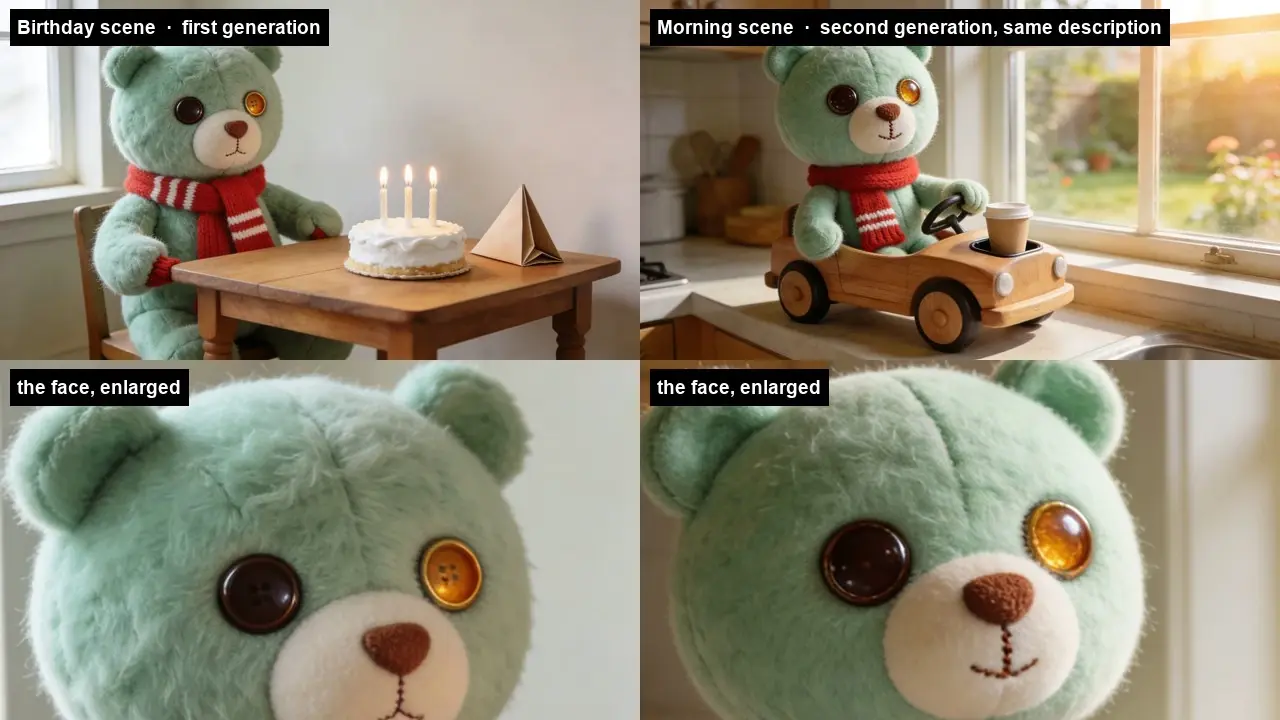 Mint teddy bear with red scarf at a birthday table, plus a wooden toy car by a sunny window