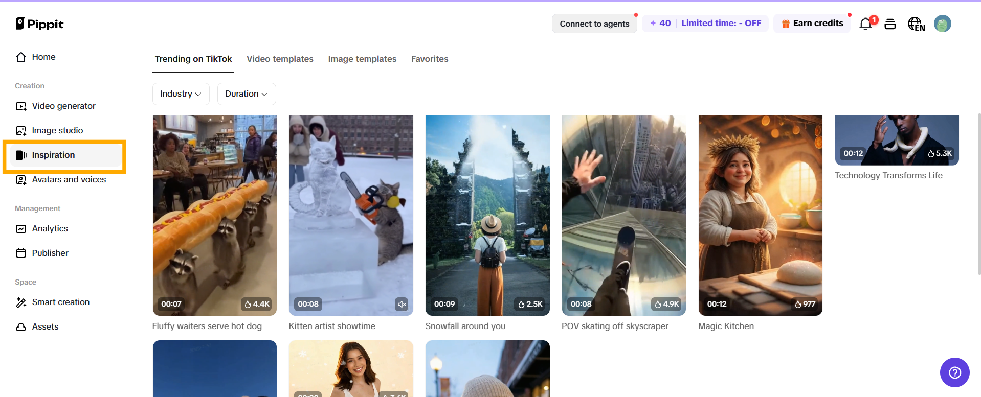 Pippit AI template gallery showing cinematic transition video templates