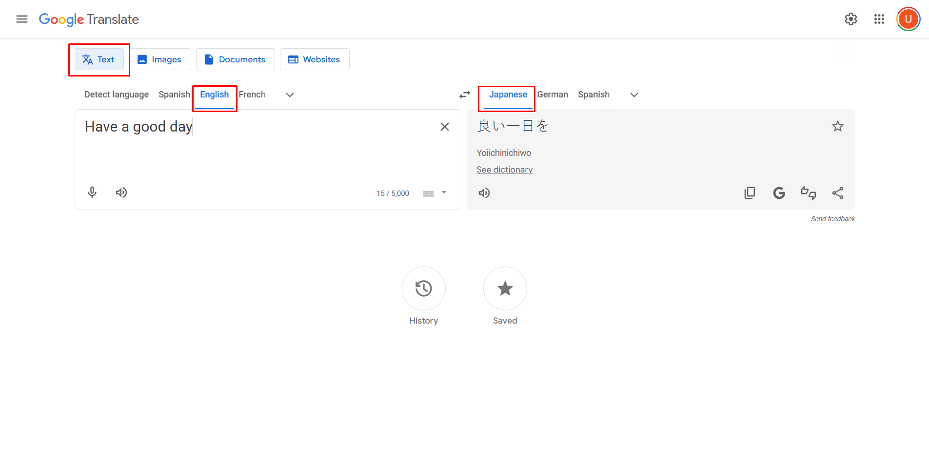 Showing how to translate English text to Japanese with Google Translate