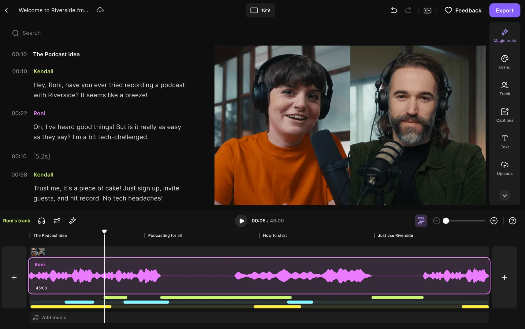 Riverside - one of the free podcast software for Windows 11