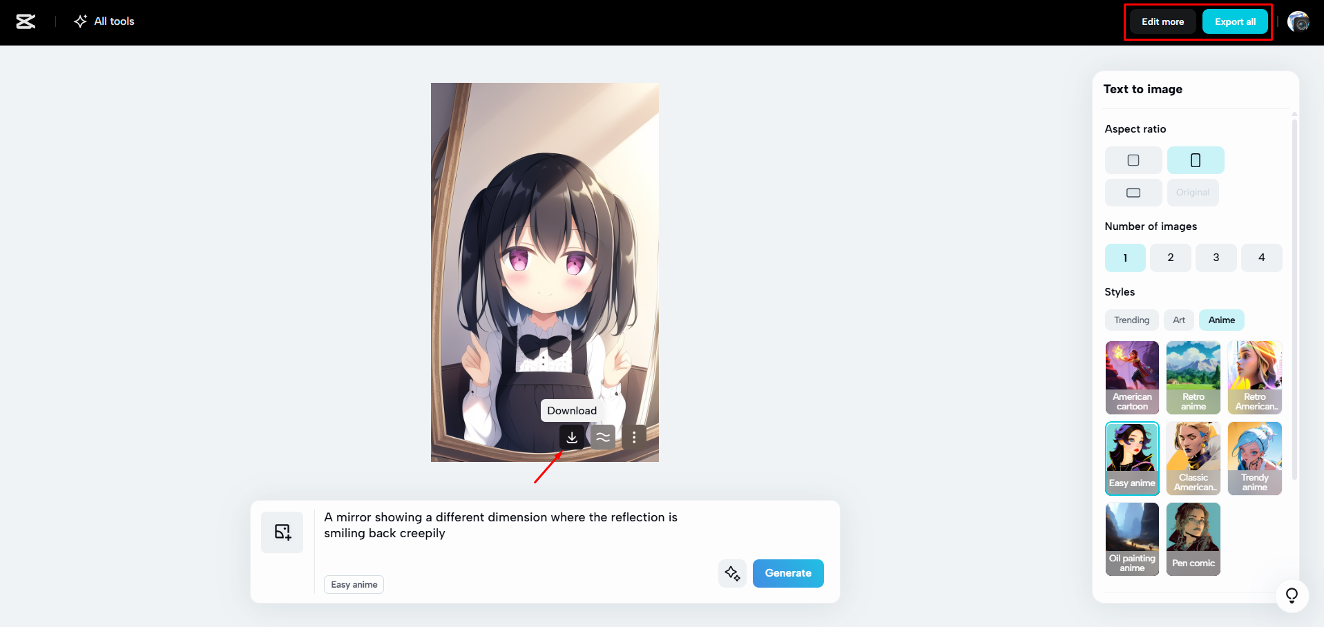 Downloading the AI generated images from CapCut Web