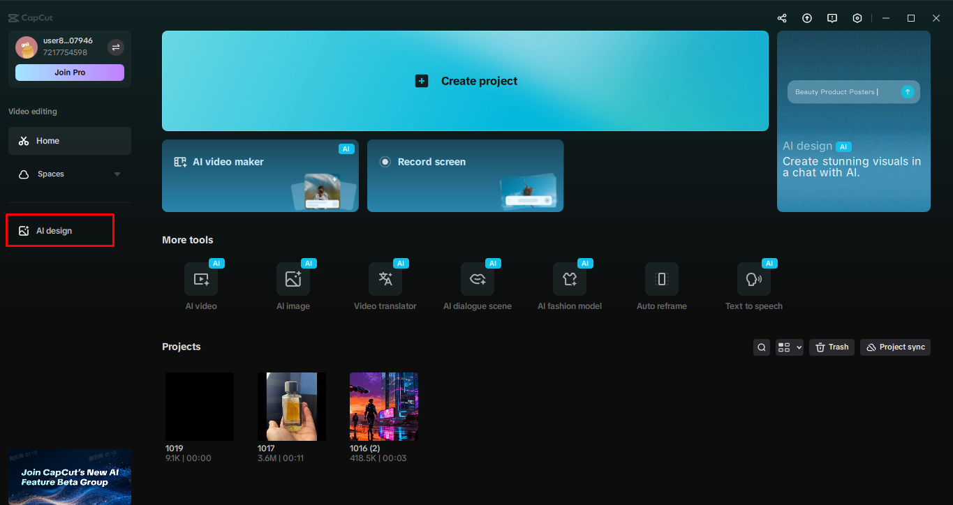Accessing AI design in the CapCut desktop video editor