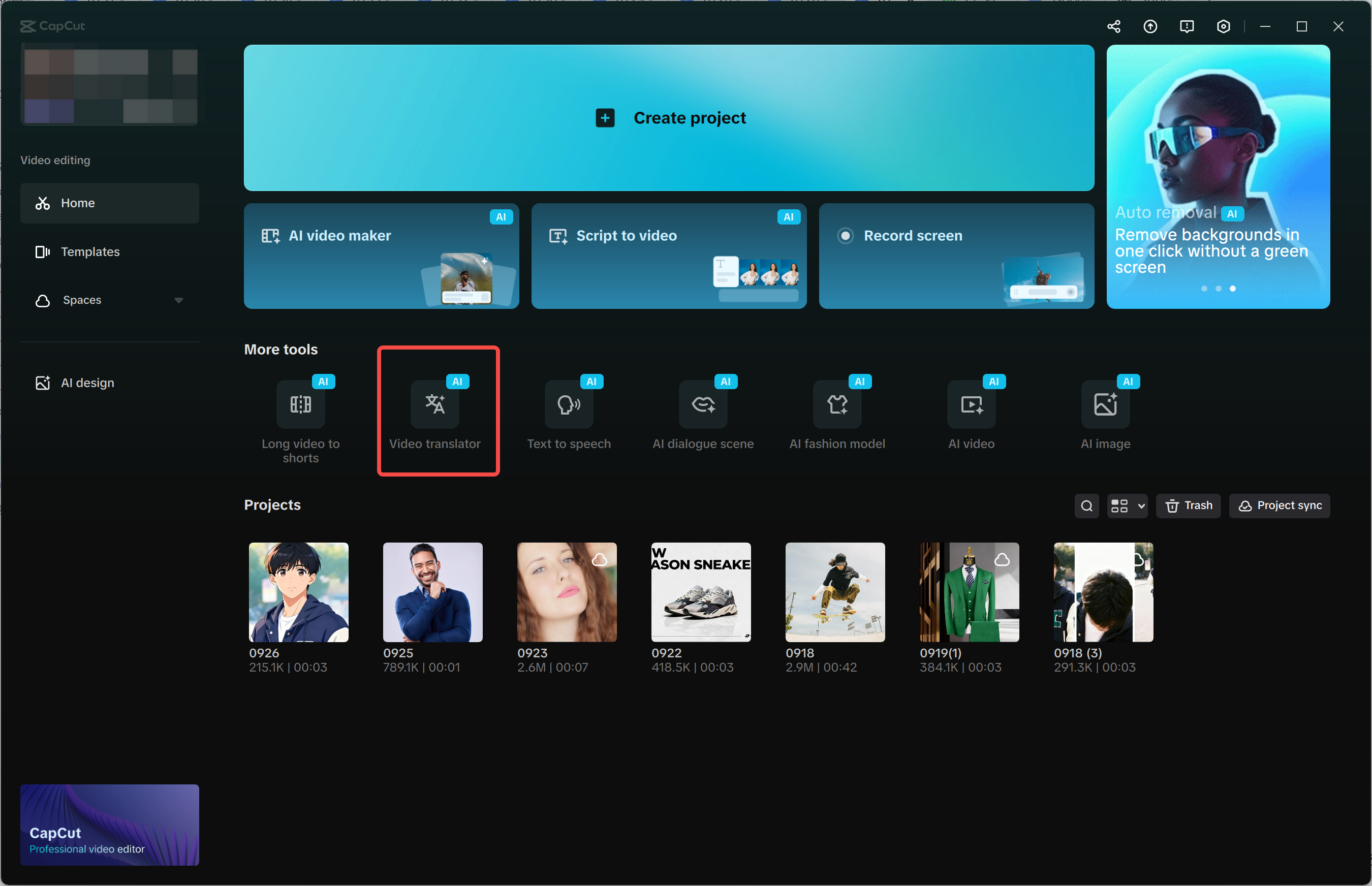 Accessing the video translator in the CapCut desktop video editor