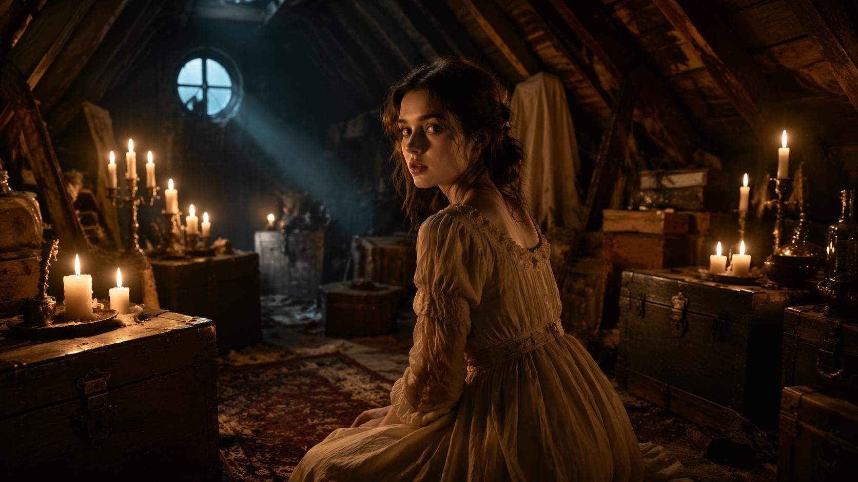 Dreamina horror girl prompts prompt example 5: Candlelit attic portrait