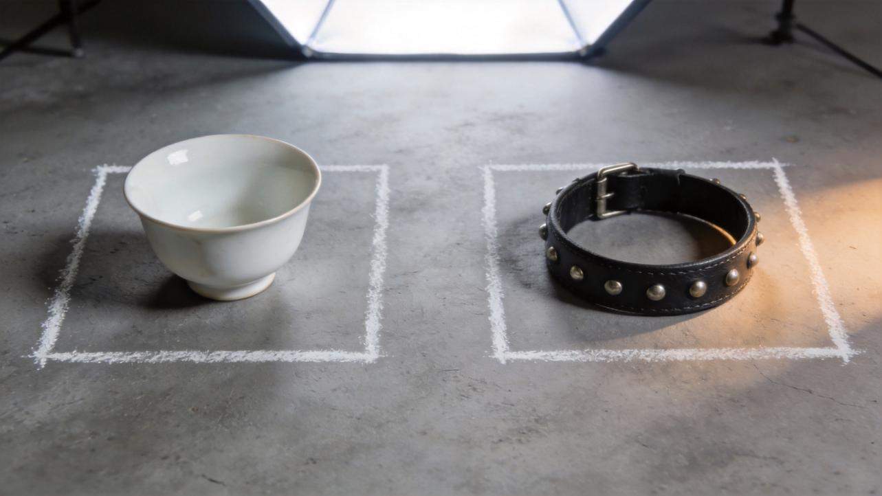 White bowl and black studded collar placed in separate chalk-drawn squares on a concrete floor