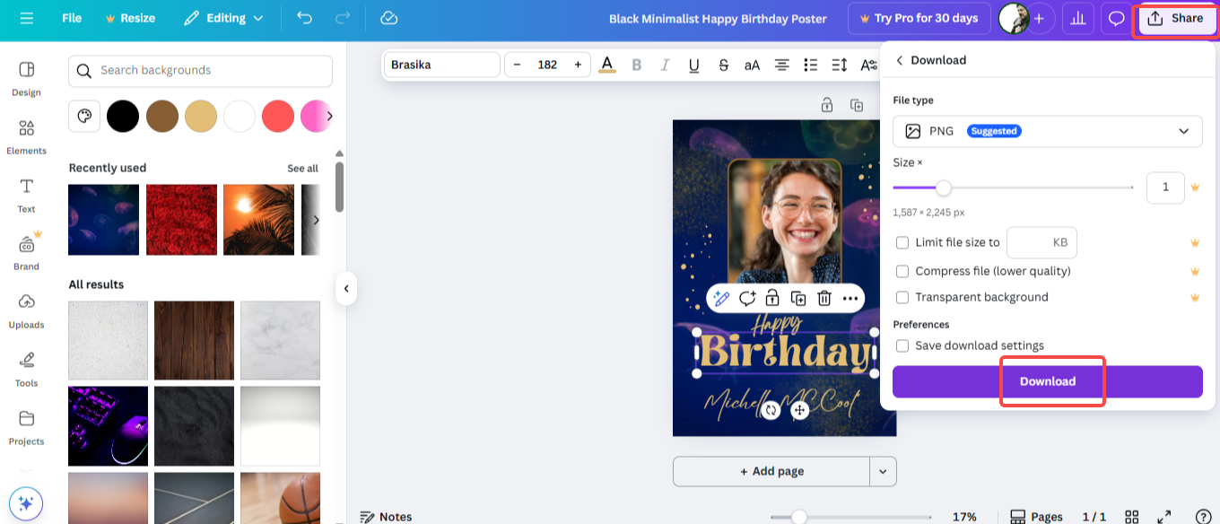 Review, save, and download your poster