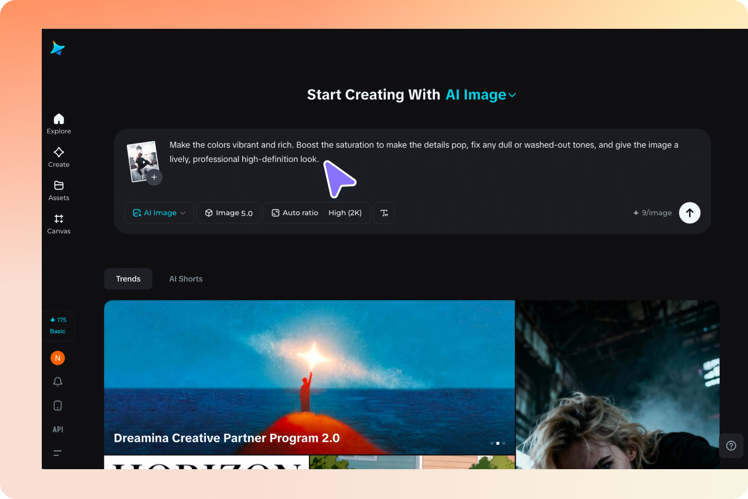 Importa l'immagine e descrivi un prompt per saturare.