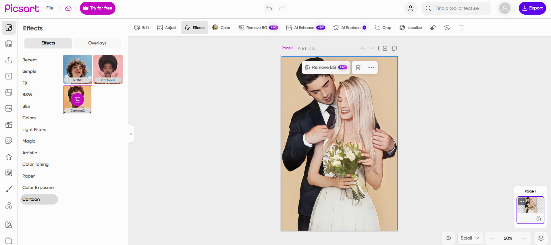 Picsart AI cartoonizer