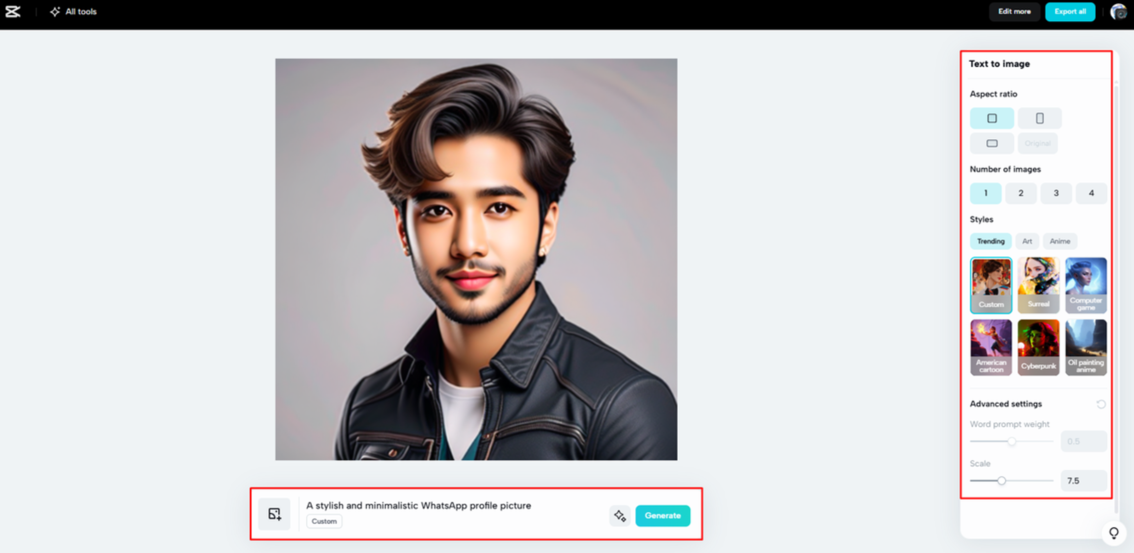 CapCut Web'de yapay zeka ile erkekler için WhatsApp profil resmi oluşturma