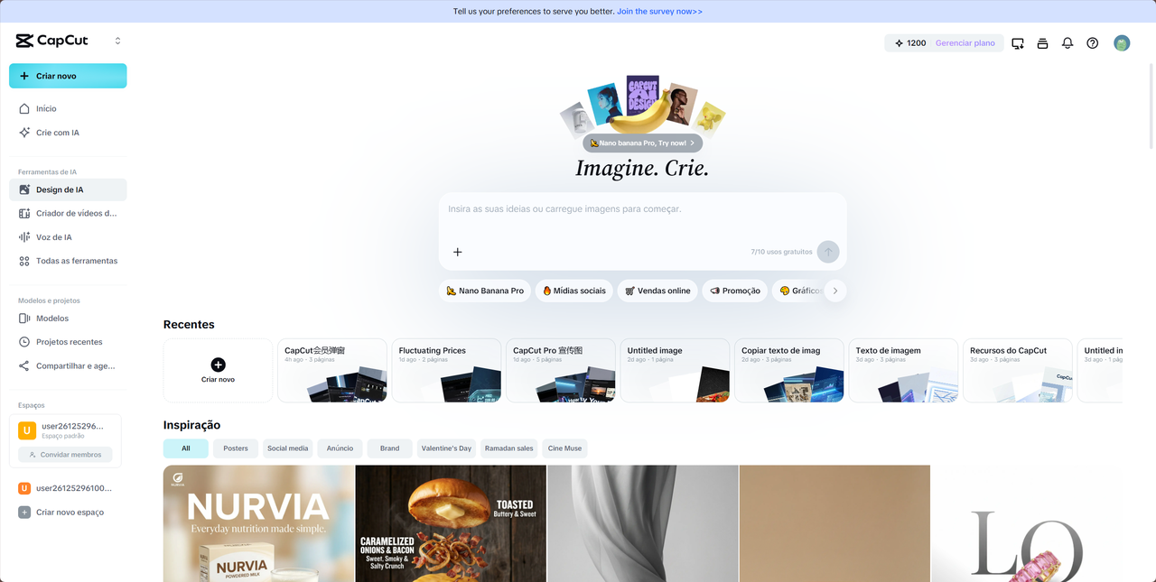Entre no CapCut Online e escolha a opção de Crie com IA ou Design de IA