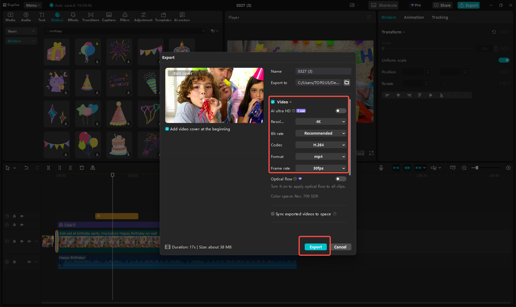 Export and share the birthday video