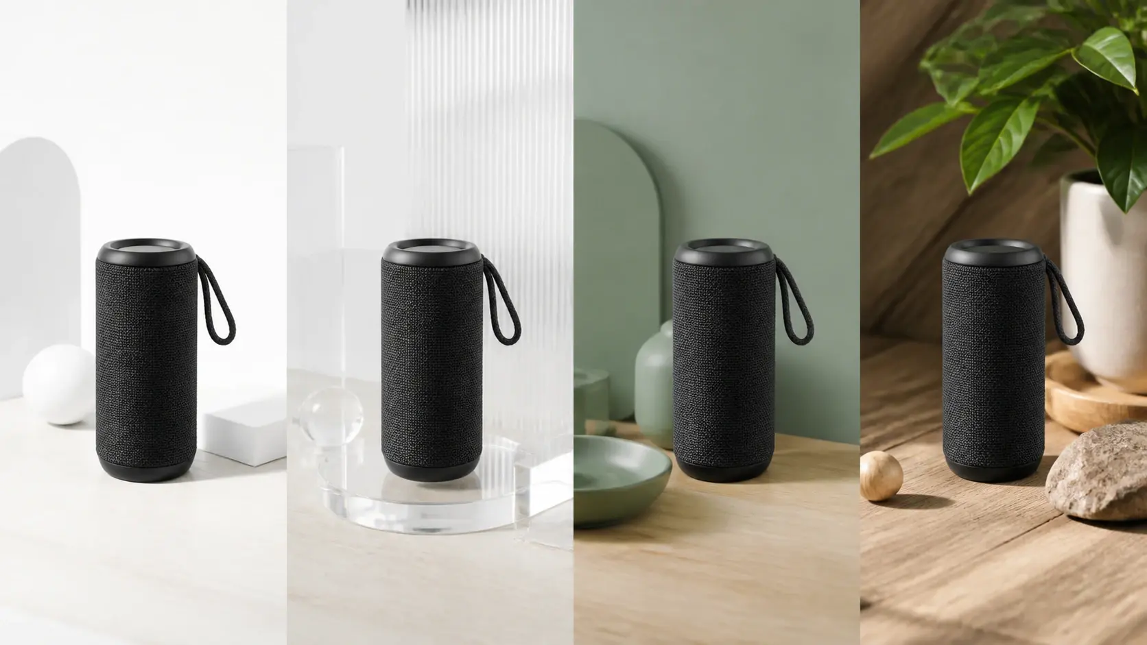 Four product mockups of a black portable speaker on different styled backgrounds