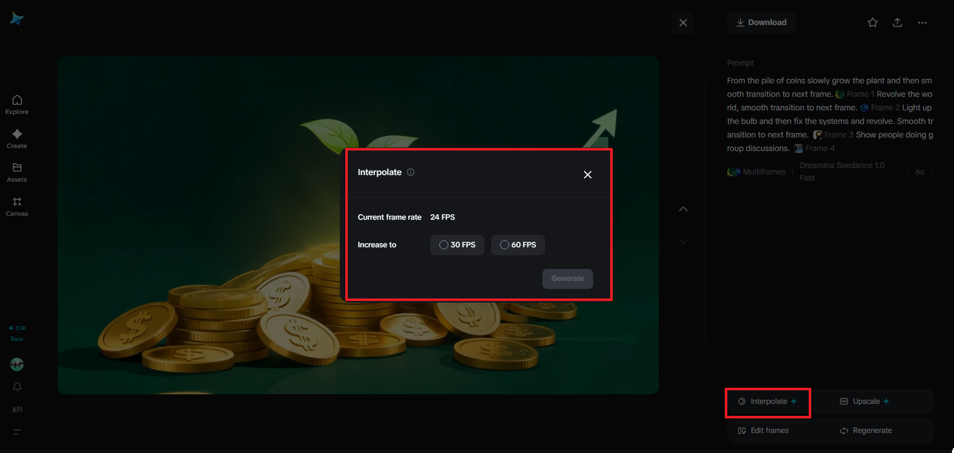 Interpolation feature in Dreamina