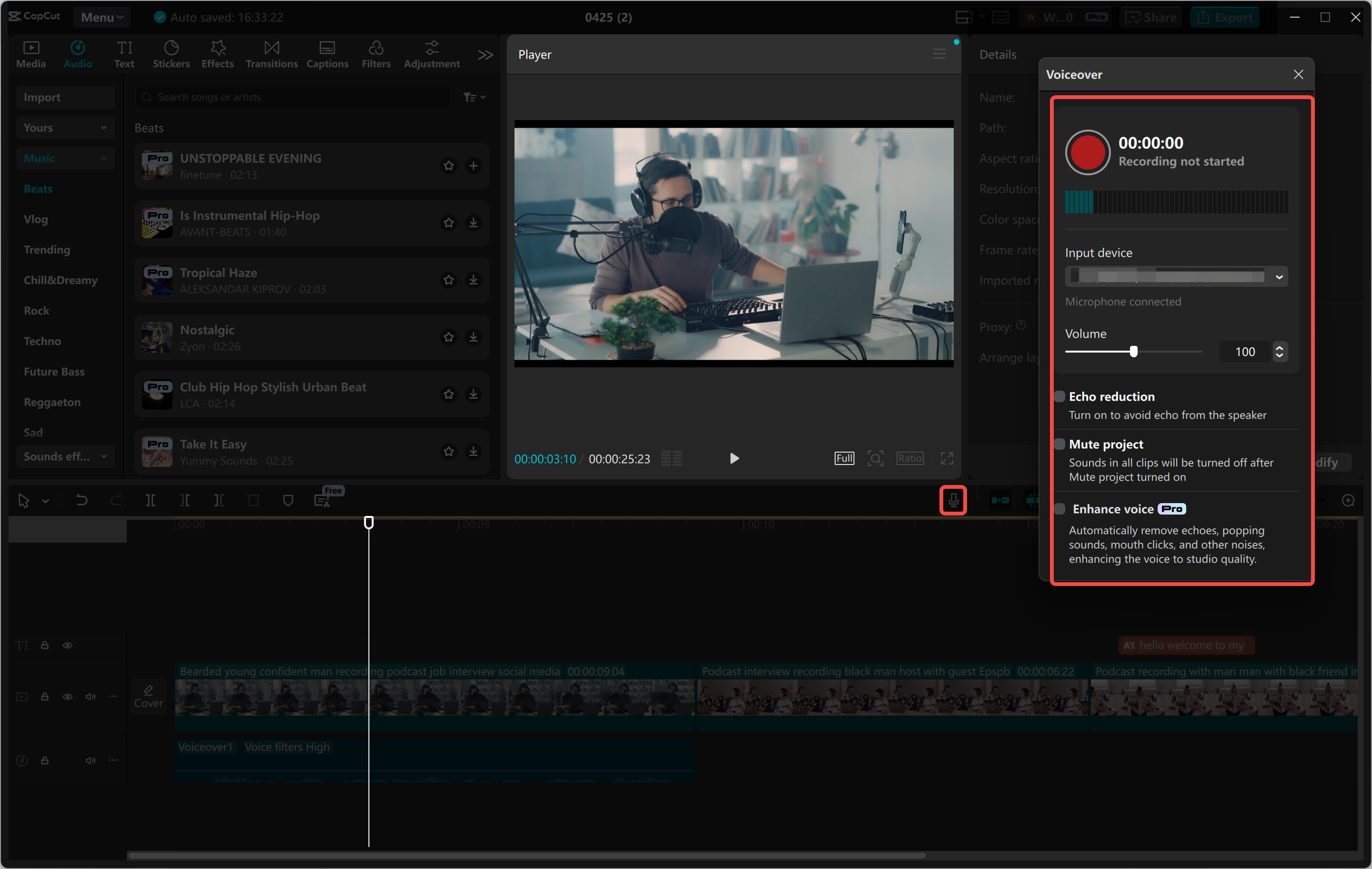 Merekam audio di CapCut editor video desktop