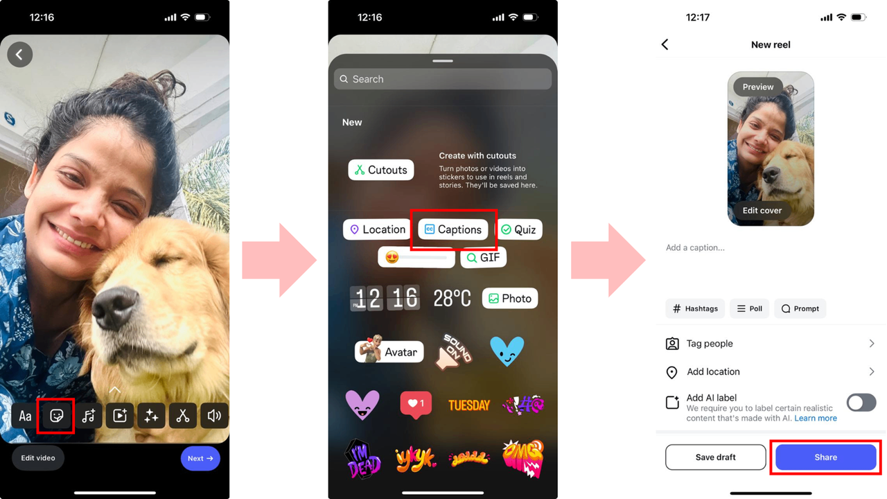 Add captions and customize and post your reel
