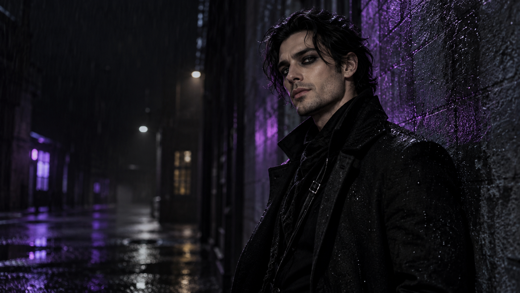 Look gotico contemporaneo: un uomo adulto immaginario con eyeliner nero grafico e streetwear sartoriale scuro contro un muro urbano piovoso, sottile neon viola e trama fotografica.