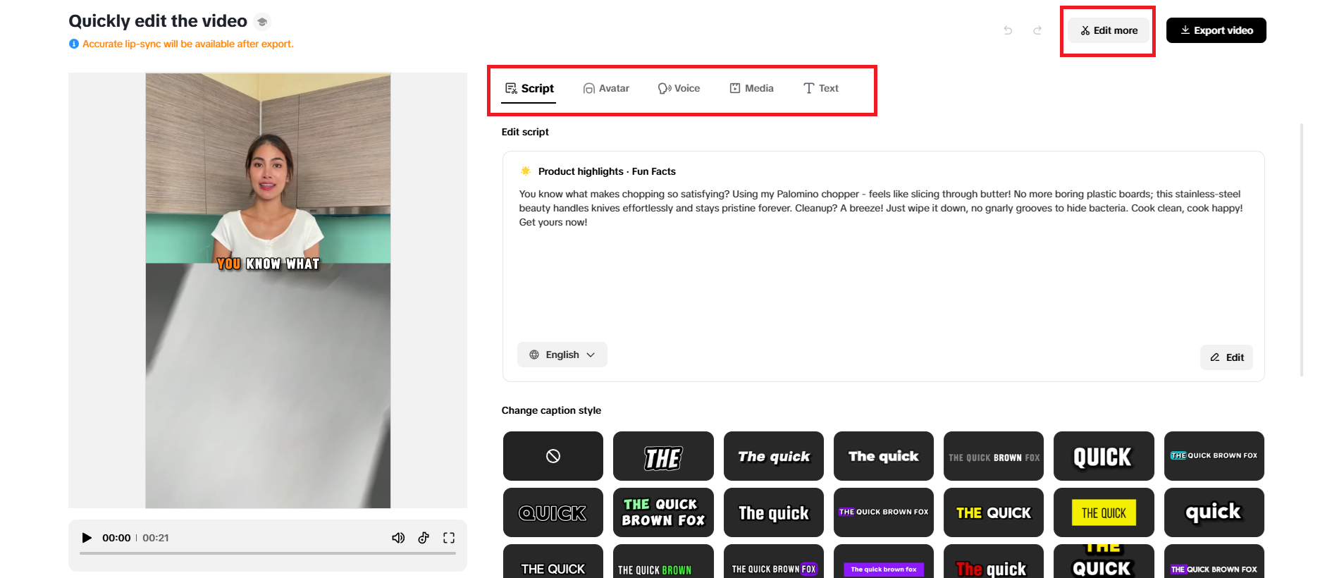 Quick editing options