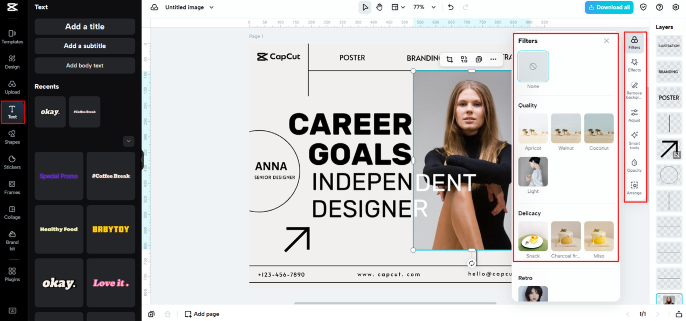 Customizing the business card template in CapCut Web