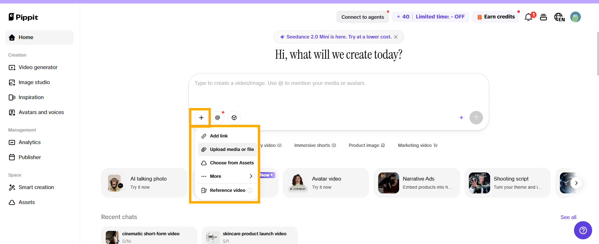 Pippit AI video editor showing uploaded clips arranged on timeline for cinematic transition editing