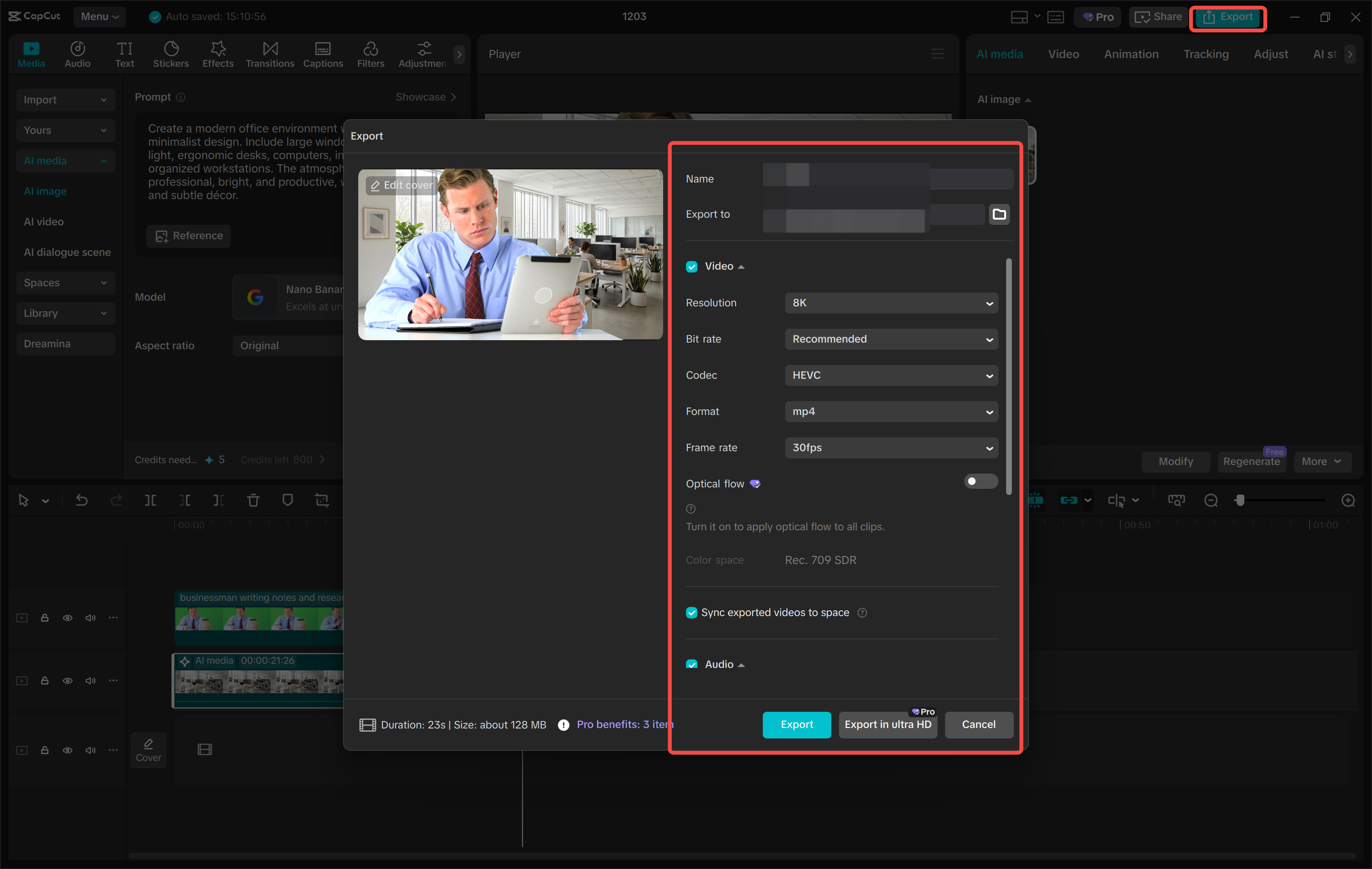 CapCut export settings screen showing the edited video with the new background