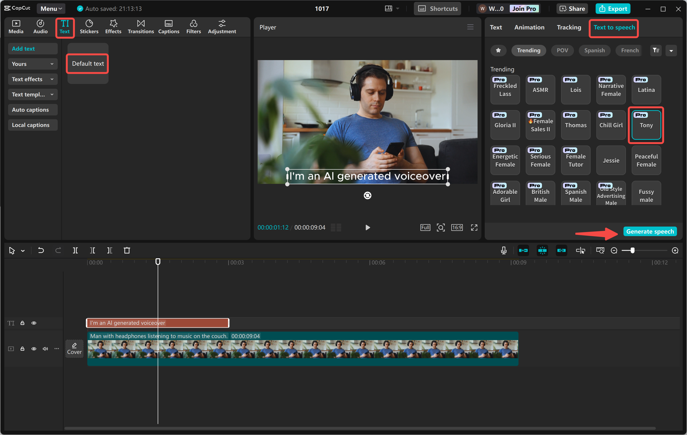 Generating AI voice in the CapCut desktop video editor